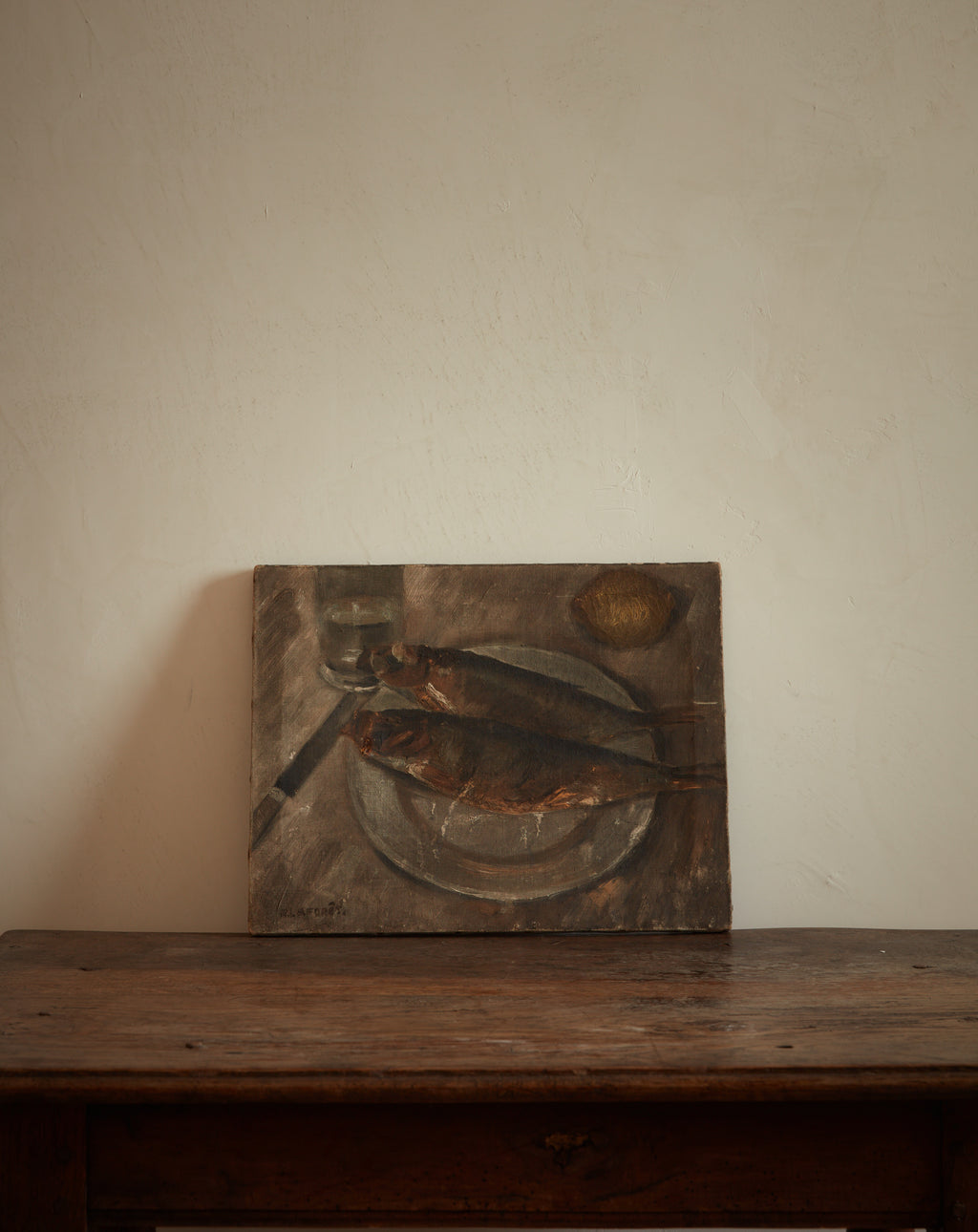 French Still Life Smoked Herring with Lemon and Glass