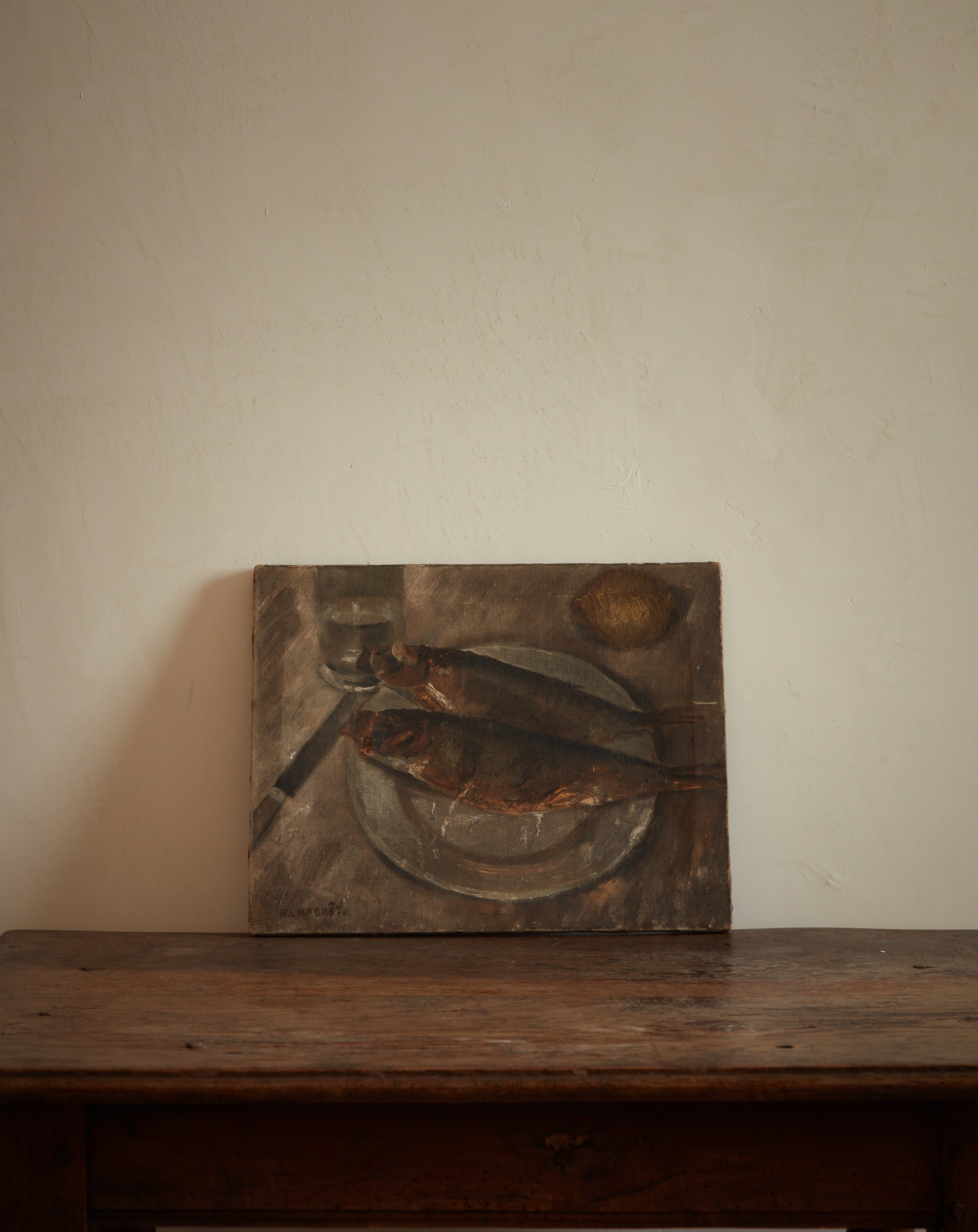 French Still Life Smoked Herring with Lemon and Glass