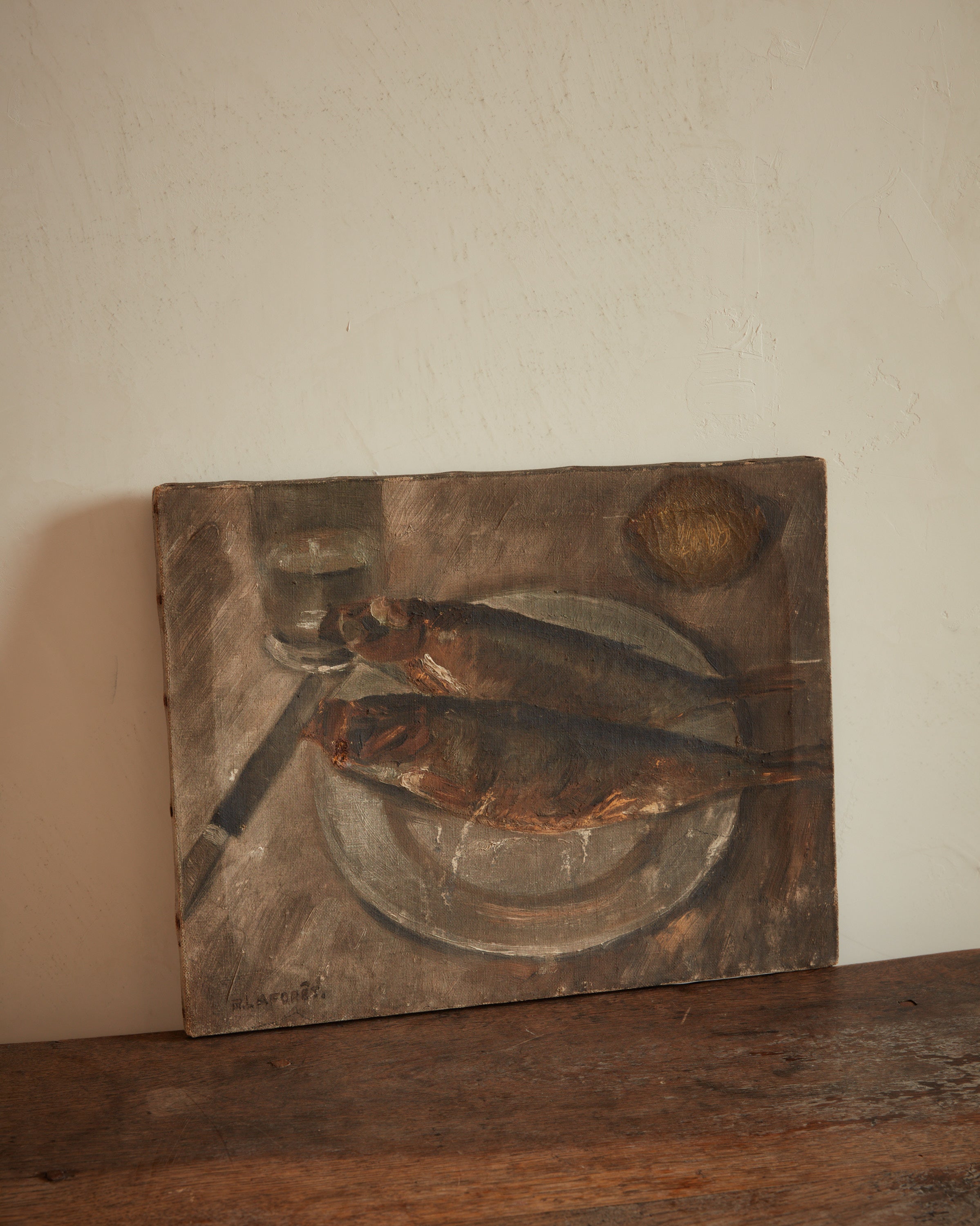 French Still Life Smoked Herring with Lemon and Glass