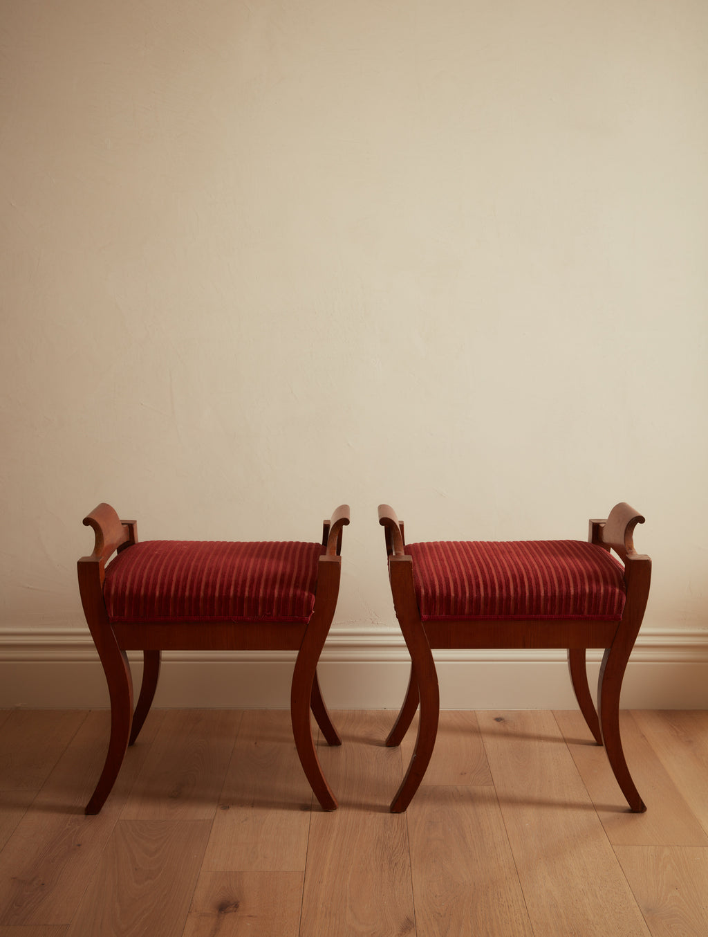 Pair of Vintage Mahogany Benches with Red Velvet Upholstery